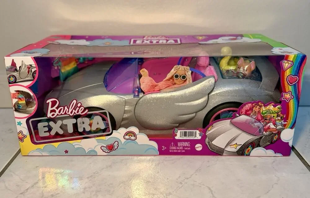 Barbie Car, Barbie Extra Set, Sparkly Silver 2-Seater Toy Convertible with Puppy